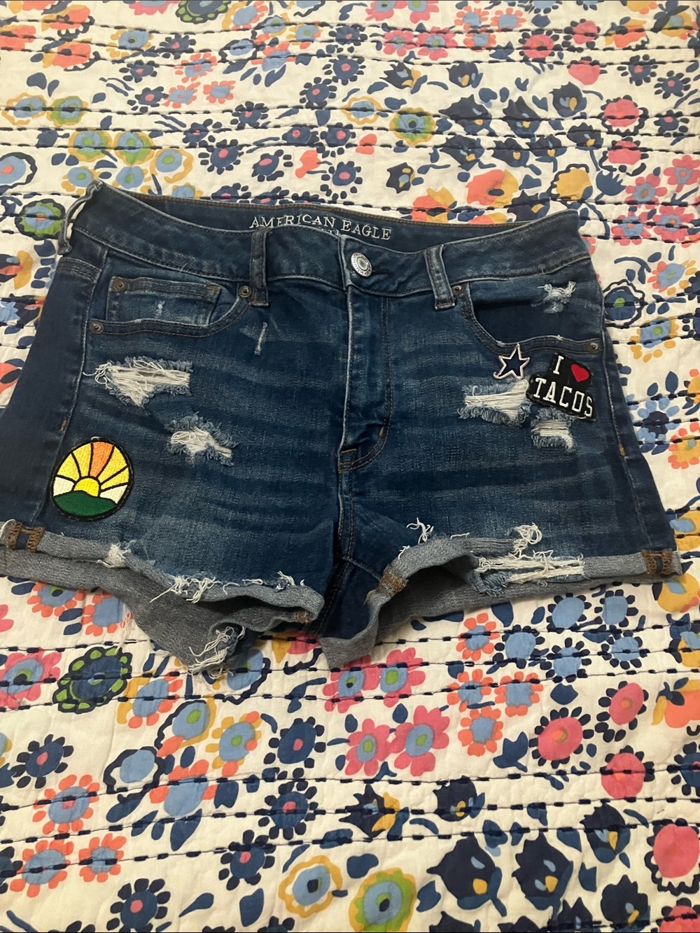American Eagle Outfitters Women's Distressed Dark Blue Denim Shorts with Patches